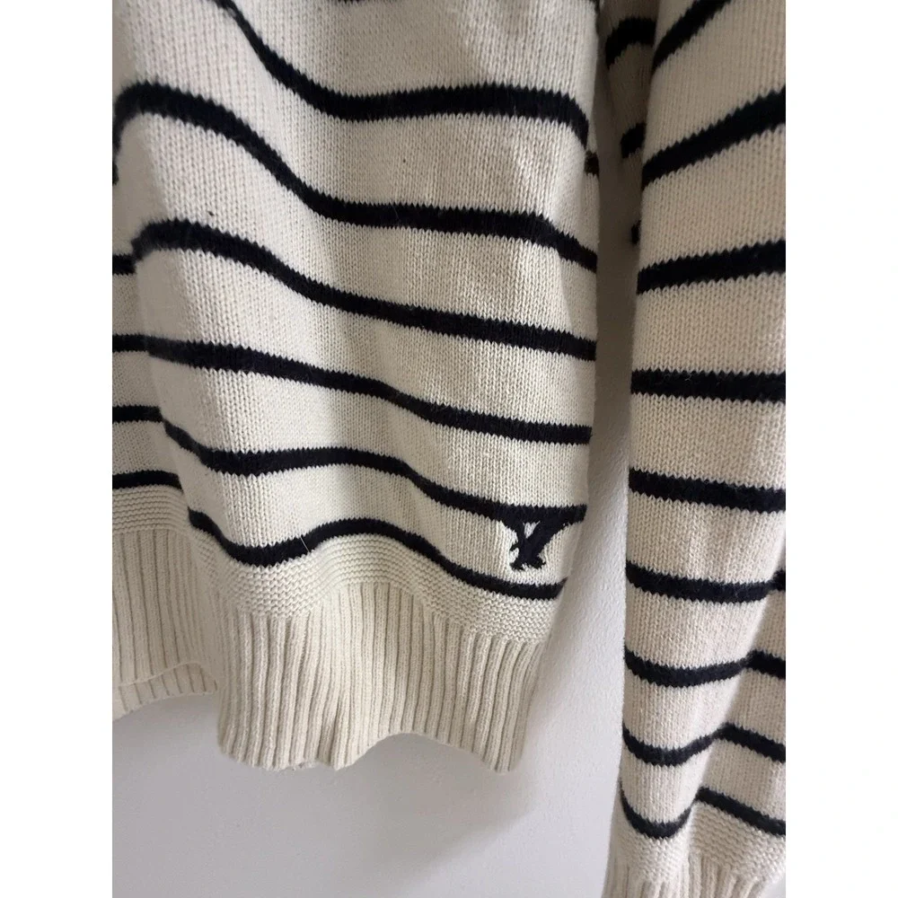 American Eagle Men M Striped Mock Neck Sweater Cotton Button Pullover Nautical